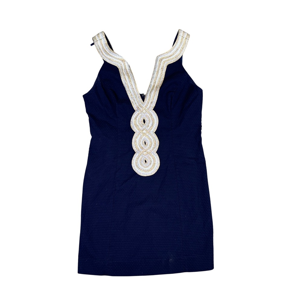Lilly Pulitzer Navy Blue Seersucker Gold Braid V-Neck Shift Dress 97458 Size 8